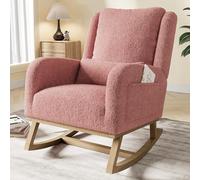 BHFFTHK Mecedora, sillón de lactancia con cojín lumbar, sillón reclinable acolchado de terciopelo con patas de madera y bolsillos laterales, para salón, dormitorio o balcón (Rosa-C)