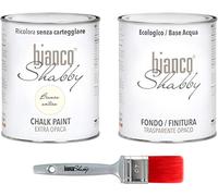 bianco Shabby Pintura a la Tiza para Todas las Superficies - 1 L Chalk Paint Bianco Antico + 1 L Acabado Transparente +Brocha 40mm para Muebles de Madera