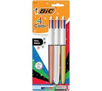 BIC 4 bolígrafos retráctiles Color Shine con tinta de larga duración y punta media de 1 mm, 3 unidades en tinta surtida