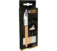 BIC 4 Colores Bolígrafos de Punta Media (1,0 mm) - Cuerpo de Colores Surtidos (Texturizado Escarchado Dorado y Plateado), Pack de 3