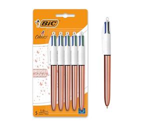 BIC 4 Colores Rose Gold Bolígrafo Retráctil con Tinta Azul, Roja, Negra y Verde, Punta Media (1,0 mm) - Pack de 5