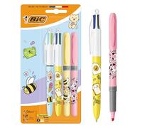 BIC 4 Colours Decors Serie Kawaii Bolígrafo Retráctil de Punta Media (1,00 mm) en Colores de Tinta Alegres + BIC Highlighter Grip Decors Punta Biselada - Diseños Kawaii Surtidos, Pack de 4