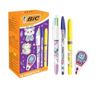 BIC Animales Fantásticos - Bolígrafos de Punta Media (1,0 mm), Rotuladores Fluorescentes y Pastel de Punta Biselada, Corrector en Cinta - Diseños Surtidos, Caja de 15. Diseños coloridos