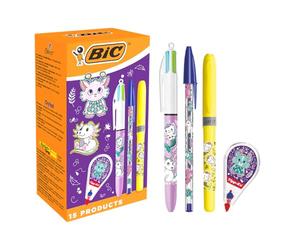 BIC Animales Fantásticos - Bolígrafos de Punta Media (1,0 mm), Rotuladores Fluorescentes y Pastel de Punta Biselada, Corrector en Cinta - Diseños Surtidos, Caja de 15. Diseños coloridos