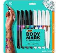 BIC BodyMark Temporary Tattoo Marker Artist Set with Fine Tip and Brush Tip, Assorted Colors, Pack of 8 Markers + 6 Stencils