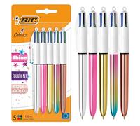 BiC Bolígrafos retráctiles de 4 colores brillantes y degradados, punta media (1,00 mm) en plata metálica, oro, rosa, oro rosa y pastel degradado, paquete de 5