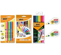 BIC Colourful Set con Cinta Correctora Mini Pocket Mouse, Bolis BIC Cristal Multicolor, Subrayadores Highlighter Grip y Rotuladores Intensity Dual Tip - Colores Surtidos, Pack de 23