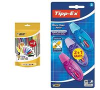 BIC Cristal Multicolour Bolígrafos Punta Ancha - Colores Surtidos, Bolsa de 20 + 7 Unidades + Tipp-Ex Cinta Correctora de Bolígrafos, Óptimo para material escolar,Micro Tape Twist
