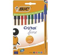 BIC Cristal Original Fine Bolígrafo Punta Fina (0,8 mm) con cuerpo naranja translúcido - Colores de tinta surtidos, caja de cartón de 10