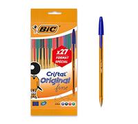 BIC Cristal Original Fine - Bolígrafos punta fina (0.8 mm), Blíster de 20+7 unidades, Colores Surtidos