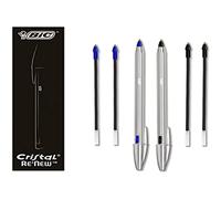 BIC Cristal Re'New Gift Box, bolígrafo recargable de metal, color azul y negro, 2 bolígrafos + 4 recargas, bolígrafos de regalo, escuela y oficina