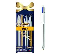 BIC Cristal Xmas Shine y BIC 4 Colores Shine, Bolígrafo de Punta Media (1.0mm), Colores Surtidos, Paquete de 4 Unidades