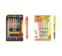 BIC Gel-ocity Quick Dry Bolígrafos de Gel de punta media Colores Surtidos, Blíster de 13 Unidades + Highlighter Grip Marcadores de Punta Biselada Regulable
