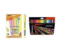 BIC Highlighter Grip Marcadores de Punta Biselada Regulable - Colores en Tonos Intensos y Pastel, Pack de 12 + Intensity, Rotuladores de Punta Fina (0.9 mm) para Colorear