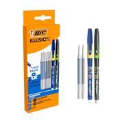 BIC Illusion Bolígrafos Borrables y Recargables de Punta Media y Recargas (0,7 mm) - Tinta Azul y Negra, Caja de 2 Bolis + 6 Recambios