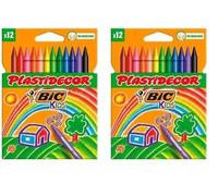BIC Kids Plastidecor - Ceras para colorear, antimanchas para actividades creativas en casa y el colegio, Blíster de 12 Unidades (Paquete de 2), Colores surtidos, Clásico