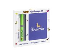 bic Kit de Mensaje Juego de Escritorio con 1 Bolígrafo 4 Colores, 1 Bolígrafo Highlighter Grip Verde, 1 Libreta Tamaño A6 Blanca, Pack de 3