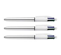 BIC - Lote de 3 bolígrafos de 4 colores SHINE plateados, punta media, 4 colores clásicos