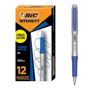 Bic Marcadores permanentes, punta ultrafina, azul, 12 unidades | Agarre antideslizante para mayor comodidad y control | Tinta de larga duración | Marcas en plástico, metal, vidrio y más