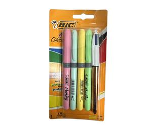 BIC - Marking Pincel - marcador de texto de colores pastel, punta biselada, agarre - 1,5 - 3,5 mm - 4 colores + Boligrafo Bic 4 colores - Recomendado para mayores de 4 años.