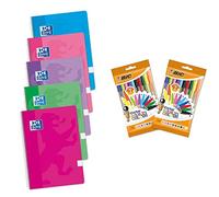 BIC Oxford, Pack de 5 Cuadernos A4 (Folio), Tapa Blanda, 80 Hojas Cuadrícula 4x4 Cristal Multicolor Bolis de Punta Gruesa 1,6 mm con Capuchón Extraíble, Colores vivos Surtidos y Neón, 2 Packs de 10