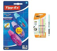 BIC Tipp-Ex Micro Tape Twist Cinta Correctora Blanca 8 m x 5 mm - Colores Surtidos, Blíster de 2+ 1 Unidades + Pastel, Highlighter Grip, Marcadores Punta Ajustable