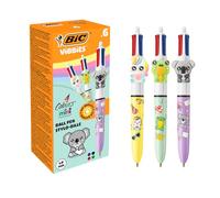 BIC Vibbies 4 Colours Mini Bolígrafos de Punta Media (1,0 mm) con Divertidos Animalitos - Cuerpo Pastel, Colores de Tinta Clásicos, Pack de 6