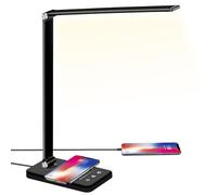 BIENSER - Lámpara de escritorio LED, 10 W, cargador de inducción y USB, 10 brillos × 5 colores, lámpara de mesa regulable, protección de los ojos, control táctil, función memoria, 30/60 min