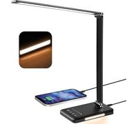 BIENSER Lámpara de escritorio LED, 560 lm, lámpara de oficina, lámpara de mesa con 5 colores y 10 niveles de brillo, regulable, lámpara de escritorio con luz nocturna, puerto USB, función de memoria