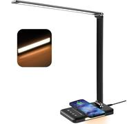 BIENSER Lámpara de escritorio LED con carga inalámbrica de 10 W, función de carga USB, lámpara de escritorio con 50 modos de iluminación regulable, luz nocturna, función de memoria, temporizador