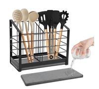 BigKing Cesta portacubiertos de hierro forjado, tendedero para cubiertos con bandeja de piedra absorbente, 2 compartimentos, porta utensilios para cubiertos de cocina para mesa o pared