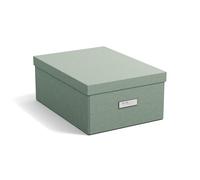 Bigso Box of Sweden KATIA Caja de almacenamiento de tamaño mediano con tapa, organizador de tablero de fibra y papel con aspecto de lino, práctica caja plegable con marco de etiquetas, color verde