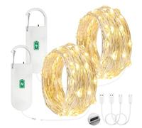 Bigzom Guirnalda de Luces con Batería Recargable, 2x50LEDs Guirnalda de Luces 5M con Cable de Carga USB, Guirnalda USB para Decoración de Interiores Fiestas Bodas Navidad (Blanco Cálido, 2 Piezas)