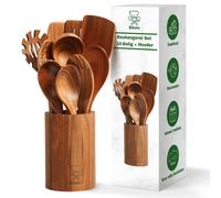 Bikolo® Set de Utensilios de Cocina de Madera 10 Piezas + Soporte - Espátula de Madera - Cucharón - Cuchara de Servir - Espumadera - Set de Cocina