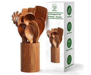Bikolo® Set de Utensilios de Cocina de Madera 10 Piezas + Soporte - Espátula de Madera - Cucharón - Cuchara de Servir - Espumadera - Set de Cocina