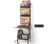 Bikoney Mueble Tocadiscos con Toma de Corriente, Soporte para Discos de Vinilo con Capacidad hasta 200 Álbumes y LP, Estante de Almacenamiento a 3 Niveles para Salón