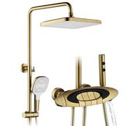 Billg Columna Ducha Oro Termostático, 4 Funciones Sistema de Ducha Set Montado, Duchas de Baño Columna con Mezclador, Cabezal De Duchade Lluvia 350x220mm, Pistola Rociadora, Ducha de Mano