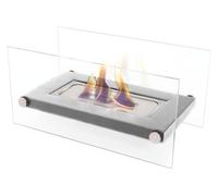 Biochimenea de sobremesa en inox con doble cristal templado. llamas reales sin humos ni cenizas. diseño minimalista y seguro. uso en interior o exterior. funciona con bioetanol, sin necesidad de gas n