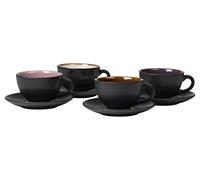 BITZ Juego de 4 tazas de café con platillo, cerámica, 24 cl, ámbar, rosa, morado, crema