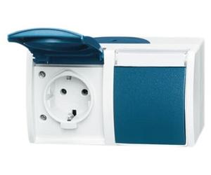 BJ APWG, enchufe Schuko para exteriores, doble, 20/2EWN-53, con campo para texto horizontal, color gris/azul-verde