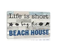 BKGWCSOR Retro Metal Tin Sign with Inspirational Quote Life Is Short Buy the Beach House Vintage Wall-Art for Outdoor Indoor Patio Living Room 8 X 12 inch