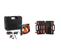 BLACK+DECKER BCD900E2K-QW - Martillo percutor SDS-Plus 18 V, Se entrega en maletín con 2 baterías de 2.5Ah, cargador de 1A + A7200-XJ Juego de 109 piezas para atornillar y taladrar