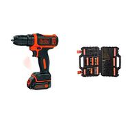 BLACK+DECKER BDCDD12 Taladro Atornillador sin Cable 10.8V 540W incluye batería de litio + A7200-XJ Juego de 109 piezas para atornillar y taladrar con brocas Titanio