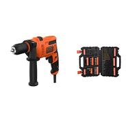 BLACK+DECKER BEH200, Taladro Percutor con Cable 500 W 230V, Incluye Empuñadura Lateral 500 W + A7200-XJ Juego de 109 piezas para atornillar y taladrar con brocas Titanio
