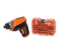 BLACK+DECKER CS3652LC, Atornillador de 3.6 V 5.5 Nm con Cabezal de Ángulo Recto, A7228, Juego de 31 Piezas para Atornillar con Adaptador Magnético