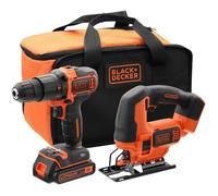 BLACK+DECKER BCK22S1S Taladro Percutor 18V y Sierra de Calar 18V con 1 Batería 1.5Ah Cargador y Bolsa de Transporte