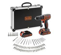 BLACK+DECKER Kit de taladro atornillador INALÁMBRICA de 18V con 2 baterías de 1,5Ah, cargador rápido, juego de 80 accesorios y maletín de transporte, BDCDC18BAFC-QW