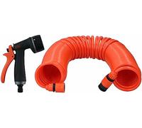 BLACK+DECKER Manguera en espiral de 15 m - Manguera de jardín incluye pulverizador de jardín y 1/2 grifos - Plástico - Naranja/Negro
