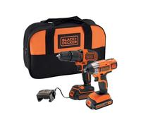 BLACK+DECKER Taladro combinado inalámbrico de 18 V con taladro de impacto, bolsa de herramientas de almacenamiento, 2 baterías de iones de litio de 1,5 Ah, BCK25S2S-GB