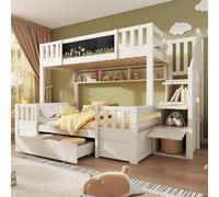 Bladez Litera 90 x 200 cm+140 x 200 cm, madera maciza con pizarra, escalera, cajones y armario, barandilla de seguridad, cuna juvenil sin colchón, color blanco